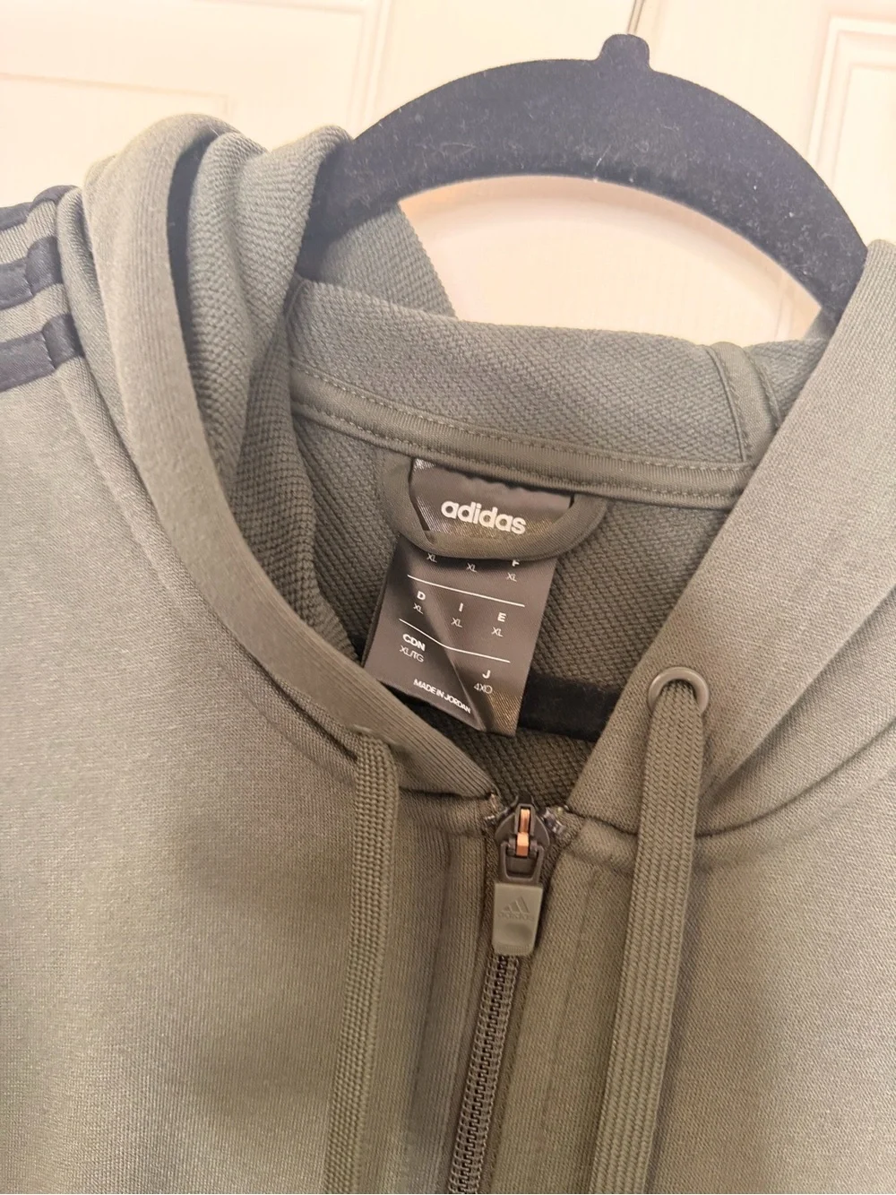adidas Olive Green Full-Zip Hooded Jacket with Black Stripes